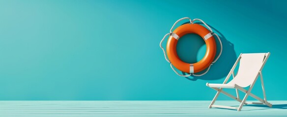 Fototapeta premium A minimalist summer scene featuring a white beach chair and orange lifesaver ring against a plain blue wall and turquoise floor, perfect for a clean, modern look with ample copy space.