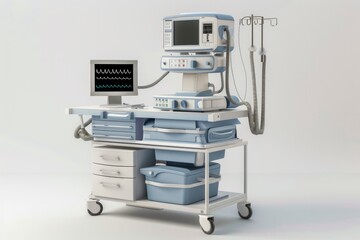 A medical cart with a monitor and various medical equipment. Ideal for medical and healthcare concepts