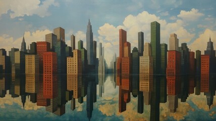 The image shows a painting of a cityscape with buildings of different heights and colors