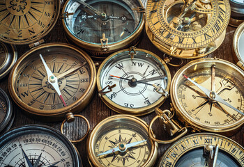 Collection, set of old compasses on the table. Travel, geography, navigation, tourism, histoory and exploration concept background. Old compass background.