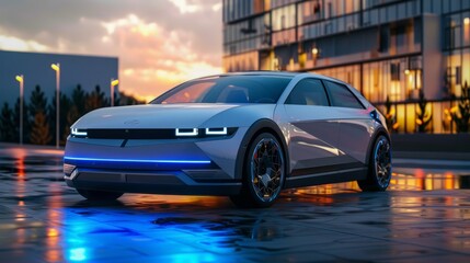 The concept of a modern electric car with autopilot. AI generated, human enhanced hyper realistic 