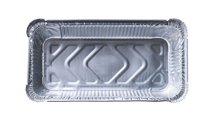 Empty disposable aluminium foil baking dish isolated on white background top view.