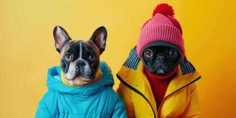Two dogs in warm winter clothes with hats on yellow background, advertising, creative winter animal concept, copy space, party invitation card