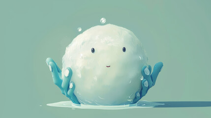 illustration of a water molecule, with two tiny blue hands holding a large white sphere.