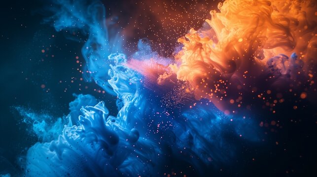 A mesmerizing and dynamic composition of abstract blue and orange color powder splattered on a sleek black background