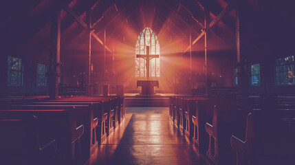 Vivid sunset light streaming through a stained glass window, casting a serene glow over a peaceful church interior.