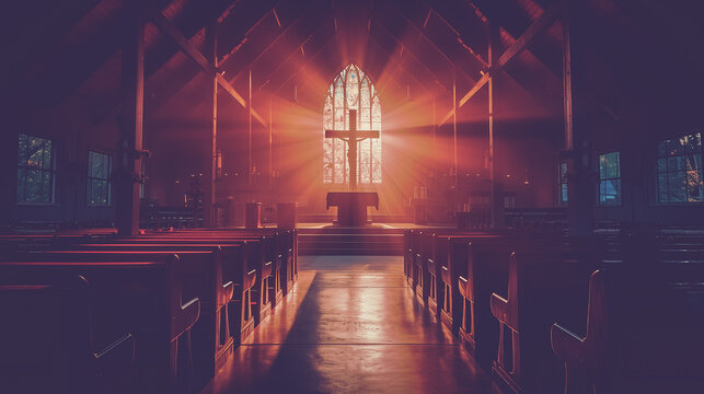 Vivid sunset light streaming through a stained glass window, casting a serene glow over a peaceful church interior.