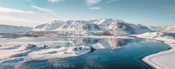 Aerial view of snow-covered mountains with lake in the foreground Generative AI