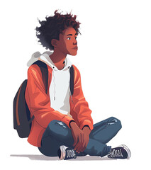 Illustration , The background is white. A student is sitting, contemplating something. There is blank space provided for writing text