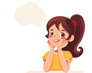 A cartoon illustration with a white background. A student is sitting in the middle, happily brainstorming new ideas.