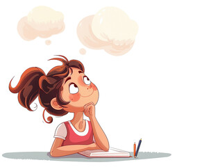 A cartoon illustration with a white background. A student is sitting in the middle, happily brainstorming new ideas.