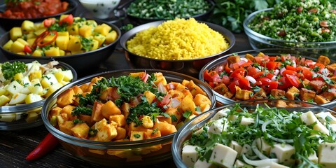 Diverse Vegan Potluck Dinner with Friends Featuring Cultural Dishes and Copy Space. Concept Vegan Cuisine, Potluck Dinner, Cultural Dishes, Friends Gathering, Copy Space