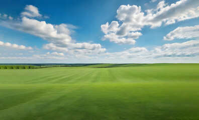 Beautiful natural scenic panorama green field of cut grass into and blue sky with clouds on horizon. Perfect green lawn on summer sunny day.