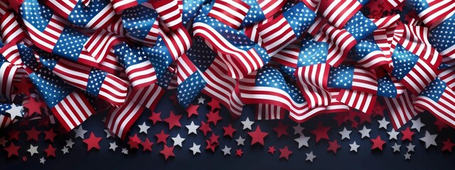 Obraz premium 4th of July banner with American flag, A banner with many American flags and stars. The banner is blue and red