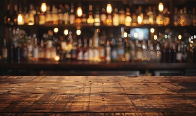 Wooden table in blurry bar. Blurred pub or restaurant. Empty wood counter in cafe. Vintage...