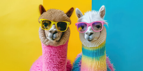 Fototapeta premium Two alpacas in crazy party outfits with party hats on colorful background, advertising, creative party animal concept, copy space, birthday party invitation card