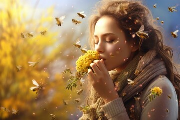 Irritating Symptom pollen allergy. Woman summer park outside walk. Generate Ai