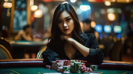 Serious and elegant asian woman playing poker in a casino, luxury photography, poker, generative ai