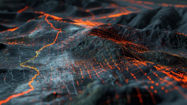 A digital landscape represented with illuminated neon contours and peaks simulating topography.