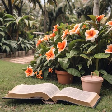 Open Bilbe with flowers in a garden, Generated Ai