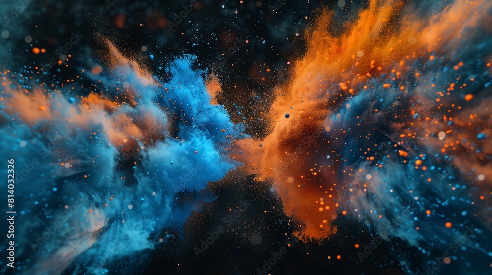 Poster a mesmerizing and dynamic composition of abstract blue and orange color powder splattered on a sleek