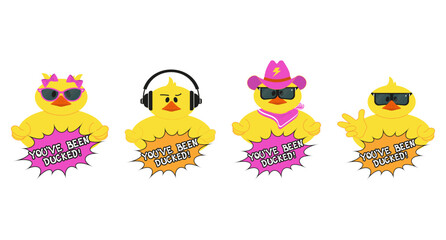 Set of ducks with phrase You've ducked.  Duck that wears cowboy hat and sunglasses. Duck with headphones.