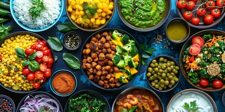 A diverse vegan potluck dinner with friends featuring cultural dishes and copy space. Concept Vegan Recipes, Potluck Dinner, Cultural Dishes, Copy Space