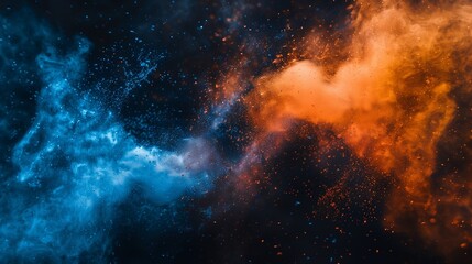 Fototapeta premium A mesmerizing and dynamic composition of abstract blue and orange color powder splattered on a sleek black background