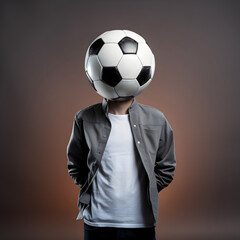 Man in jacket with soccer ball head on the black and white background. Abstract concept.	