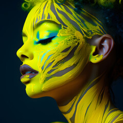 A woman with yellow paint on face. The make up yelow colors on the skin. Abstract concept.	
