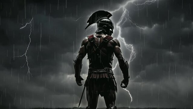 Silhouette spartan warrior with storm background, Seamless looping 4k time-lapse virtual video animation background.
