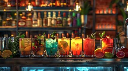 A row of colorful cocktail ingredients displayed on a bar cart, ready for mixing