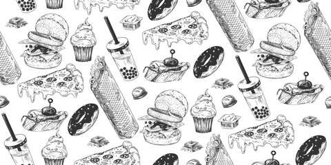 Seamless pattern with fast food. Sketch style shawarma, bubble tea, pizza, burger, chocolate, donut, cupcake, tapas. Hand drawn black and white background with street food. Engraved illustrations