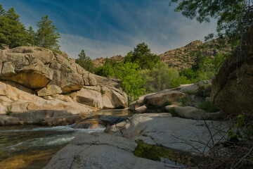 landscape, view, nature, plants, water, stream, mountain, flora,