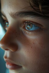 Fototapeta premium Close up of a child's face with striking blue eyes. Perfect for children's books or advertising campaigns