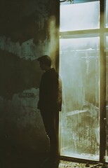 Fototapeta premium Silhouetted young adult in moody urban setting at sunset