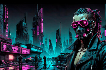 Obraz premium A cartoon man in a protective mask in a futuristic city under martial law