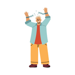Man breaks the hands chain flat vector, cartoon hands in fists breaking the chain of shackle cuffs, Human rights fight