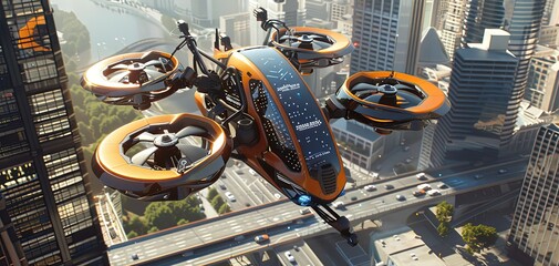 A futuristic flying car with two wings and four propeller blades, in an urban environment.