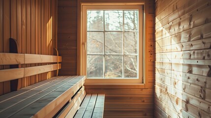 Cozy wooden cabin interior with warm sunlight streaming through window