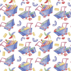 Baby seamless pattern with wheelbarrow, bucket, shovel, stack rings, pinwheel in watercolor. Retro toy ornament Hand drawn textile print for kids, children's wallpaper, wrapping, present, scrapbooking
