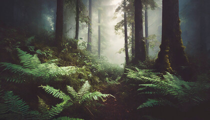 Beautiful forest with undergrowth ferns, dark fairy tale landscape