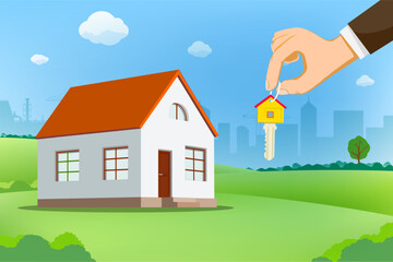 Real estate agent holds a house key in his hand. Stock vector illustration