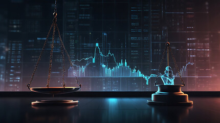 Law weighting scale on a futuristic data center background. Digital law concept of Judiciary and Justice concept, finance