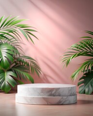 Obraz premium Marble podium on a pink background with green leaves