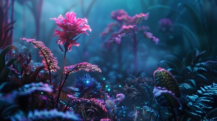 Glowing Enchanted Floral Fantasy in Mysterious Nighttime Forest Landscape
