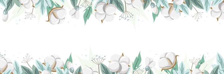 Background horizontal with branches of natural organic cotton plant with leaves drawn in vintage style on a white background. Vector illustration.