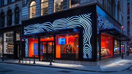 A trendy boutique on the Magnificent Mile in Chicago, featuring a cantilevered awning and bold,...