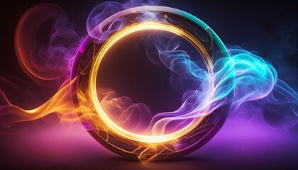 Colorful smoke flows around a glowing ring

