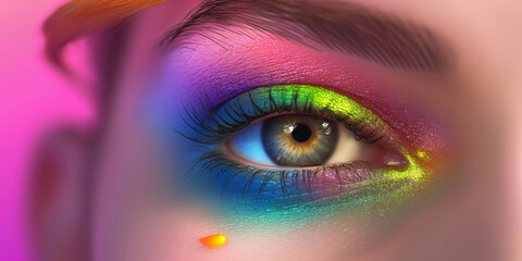 Augen in wunderschönen irisierenden bunten Kosmetik Neon leuchtenden Farben als Nahaufnahme für Poster und Banner im Querformat